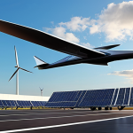 **

"A sleek, futuristic electric aircraft taking off vertically from a modern airport. The aircraft has long, slender wings and a streamlined body. In the background, wind turbines and solar panels are generating clean energy. The sky is clear blue with a few wispy clouds. The overall feeling is one of innovation and sustainability. Focus on the clean lines and futuristic design of the aircraft. Consider a slightly low-angle shot to emphasize the upward movement."

**