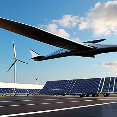 Home 11 **
"A sleek, futuristic electric aircraft taking off vertically from a modern airport. The aircraft has long, slender wings and a streamlined body. In the background, wind turbines and solar panels are generating clean energy. The sky is clear blue with a few wispy clouds. The overall feeling is one of innovation and sustainability. Focus on the clean lines and futuristic design of the aircraft. Consider a slightly low-angle shot to emphasize the upward movement."
**
