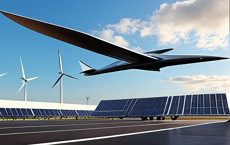 **
"A sleek, futuristic electric aircraft taking off vertically from a modern airport. The aircraft has long, slender wings and a streamlined body. In the background, wind turbines and solar panels are generating clean energy. The sky is clear blue with a few wispy clouds. The overall feeling is one of innovation and sustainability. Focus on the clean lines and futuristic design of the aircraft. Consider a slightly low-angle shot to emphasize the upward movement."
**