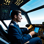 A professional airline pilot, male or female, in a crisp, modest, and professional pilot uniform, fully clothed. The pilot is seated calmly in a futuristic yet realistic modern aircraft cockpit, interacting with glowing holographic or touch displays that show intricate flight data. Through the cockpit window, a clear view of the sky is visible. perfect anatomy, correct proportions, natural pose, well-formed hands, proper finger count, natural body proportions, professional photography, cinematic lighting, state-of-the-art technology, safe for work, appropriate content, family-friendly.