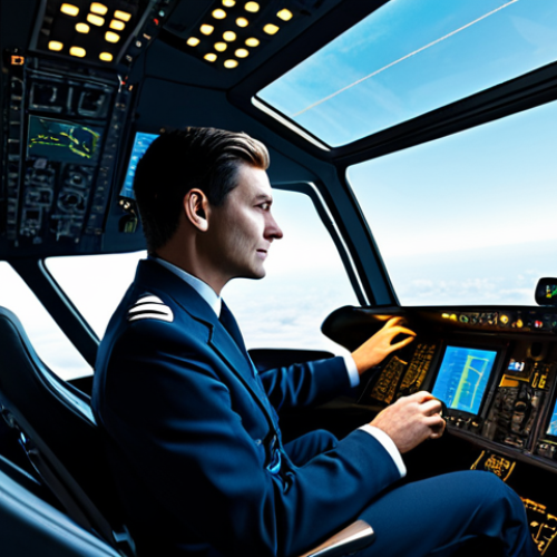 Home 6 A professional airline pilot, male or female, in a crisp, modest, and professional pilot uniform, fully clothed. The pilot is seated calmly in a futuristic yet realistic modern aircraft cockpit, interacting with glowing holographic or touch displays that show intricate flight data. Through the cockpit window, a clear view of the sky is visible. perfect anatomy, correct proportions, natural pose, well-formed hands, proper finger count, natural body proportions, professional photography, cinematic lighting, state-of-the-art technology, safe for work, appropriate content, family-friendly.