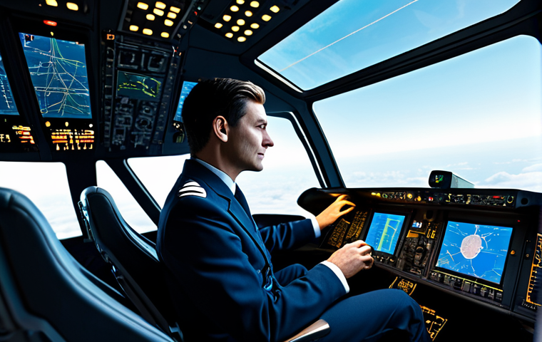 A professional airline pilot, male or female, in a crisp, modest, and professional pilot uniform, fully clothed. The pilot is seated calmly in a futuristic yet realistic modern aircraft cockpit, interacting with glowing holographic or touch displays that show intricate flight data. Through the cockpit window, a clear view of the sky is visible. perfect anatomy, correct proportions, natural pose, well-formed hands, proper finger count, natural body proportions, professional photography, cinematic lighting, state-of-the-art technology, safe for work, appropriate content, family-friendly.