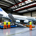 Aircraft Component Recycling Facility**

"A bright, modern aircraft recycling facility, fully visible from the exterior. Workers in appropriate safety gear are carefully dismantling an airplane wing. Visible are stacks of sorted aluminum, titanium, and steel components, ready for further processing. In the background, a digital display shows inventory tracking. Safe for work, appropriate content, fully clothed, professional, focus on sustainability and technology. Perfect anatomy in human figures, correct proportions, natural pose. High quality, professional photography."

**