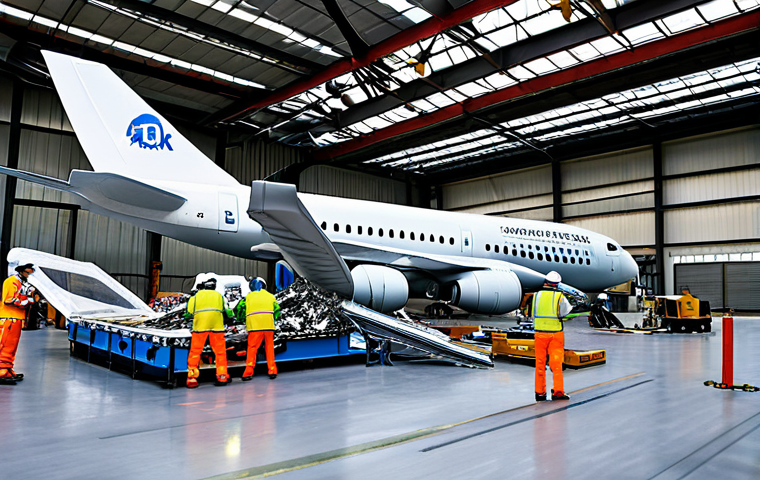 Aircraft Component Recycling Facility**

"A bright, modern aircraft recycling facility, fully visible from the exterior. Workers in appropriate safety gear are carefully dismantling an airplane wing. Visible are stacks of sorted aluminum, titanium, and steel components, ready for further processing. In the background, a digital display shows inventory tracking. Safe for work, appropriate content, fully clothed, professional, focus on sustainability and technology. Perfect anatomy in human figures, correct proportions, natural pose. High quality, professional photography."

**