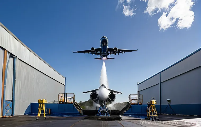 항공기 엔진 성능 시험 - **"A high-tech aerospace engine test cell in operation. A powerful, modern turbofan aircraft engine,...
