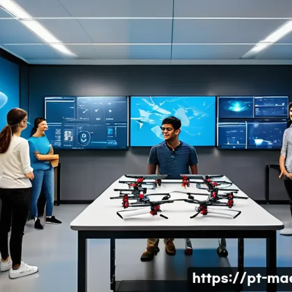 기계항공공학 산학 협력 - A modern aerospace engineering university laboratory showing diverse students collaborating on a dro...