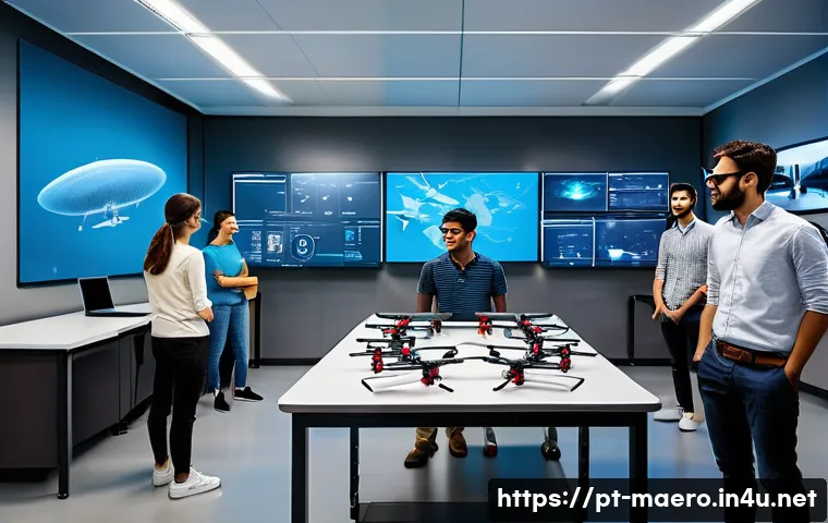 기계항공공학 산학 협력 - A modern aerospace engineering university laboratory showing diverse students collaborating on a dro...