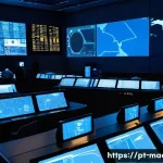 우주비행 제어 시스템 - A highly detailed control room of a space mission operations center, featuring a diverse multination...