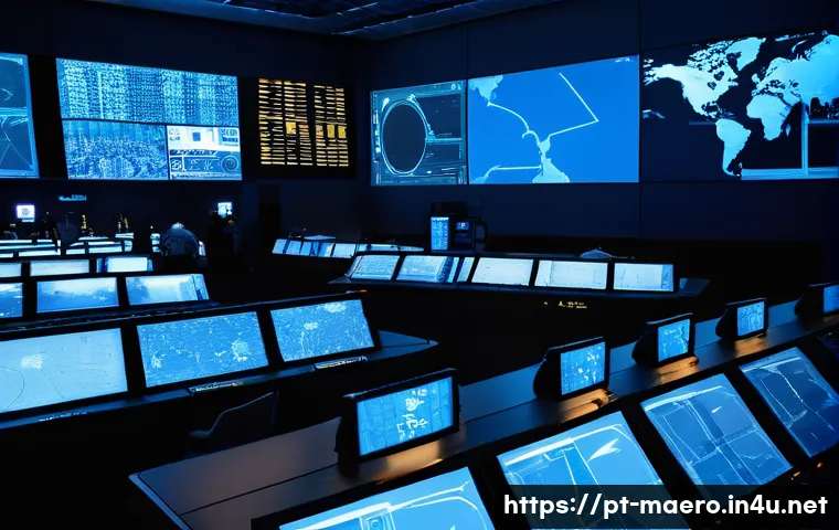 우주비행 제어 시스템 - A highly detailed control room of a space mission operations center, featuring a diverse multination...