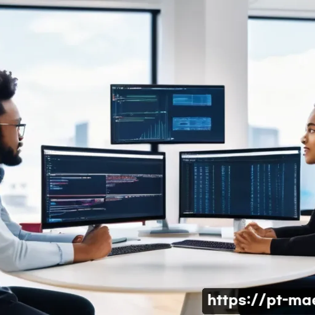 소프트웨어 검증 - A modern software development team collaborating in a bright, open office space filled with multiple...