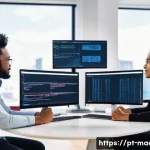 소프트웨어 검증 - A modern software development team collaborating in a bright, open office space filled with multiple...