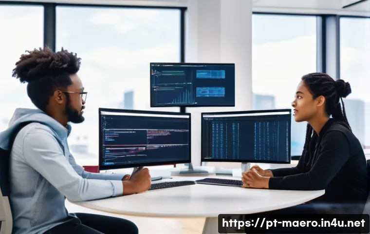 소프트웨어 검증 - A modern software development team collaborating in a bright, open office space filled with multiple...