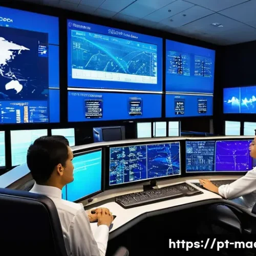 Home 33 항공사 관리 시스템 - A modern airline operations control center with multiple large digital screens displaying real-time ...