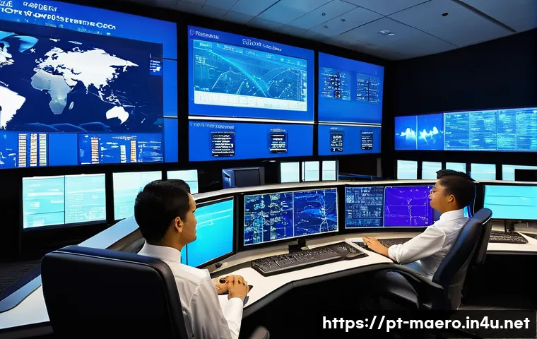 항공사 관리 시스템 - A modern airline operations control center with multiple large digital screens displaying real-time ...