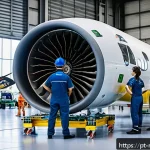 Home 18 항공산업 채용 - A modern Brazilian aviation maintenance hangar scene showing diverse male and female technicians in ...