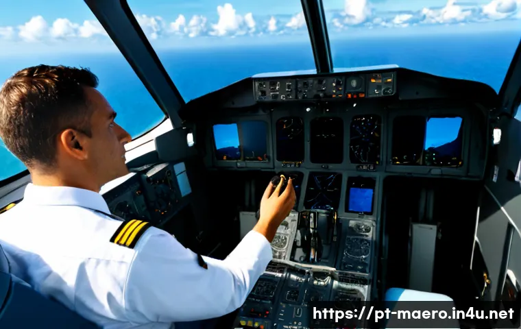 Home 17 항공기 자동화 기술 - Photorealistic modern commercial aircraft cockpit during daylight cruise, two professional pilots in...